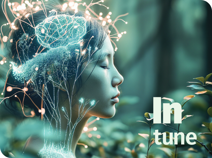 In tune with girl looking way from camera with the text coming soon over the image
