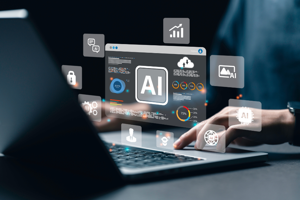 laptop with preview and graphics variations of graphics, pie charts and text that reads AI