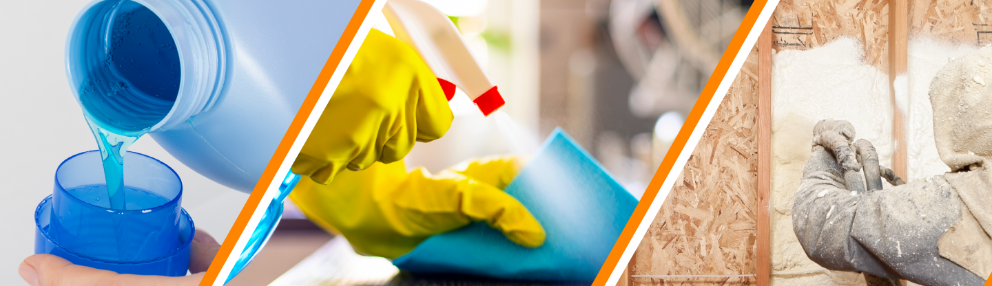 a collage image of detergent being poured, a spray bottle, and spray foam being sprayed into a wall