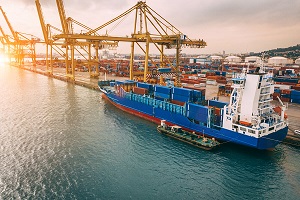 Container ship sat in harbor distributor goods around the world