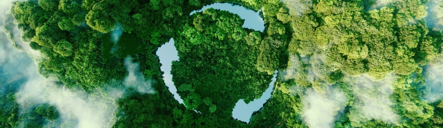 A forest shot from above with three lakes in the shape of arrows forming a sustainability circle