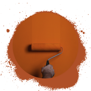 hand holding a paint roller, painting orange paint in a line