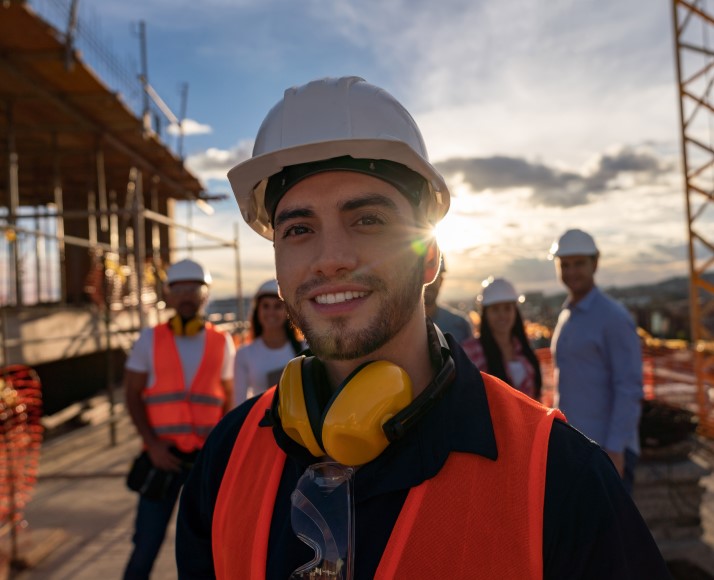 Construction worker wearing a hard hat, safety vest, and ear protection standing with a group of coworkers on a job site.
