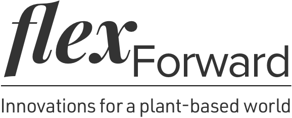 Black text reading "Flex forward, Innovations for a plant-based world"