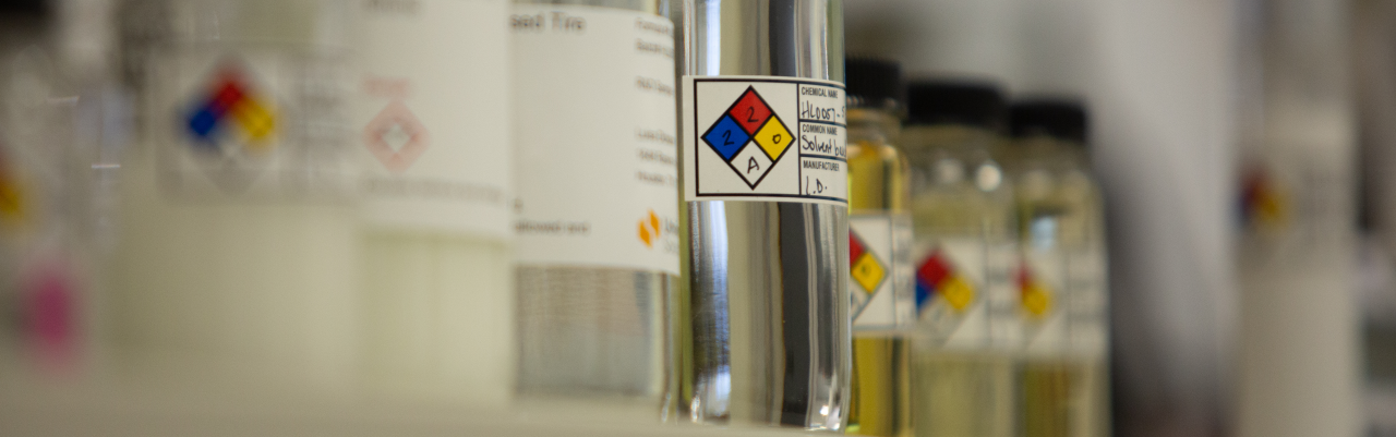 Chemicals and ingredients on a shelf in the Solution Centers lab