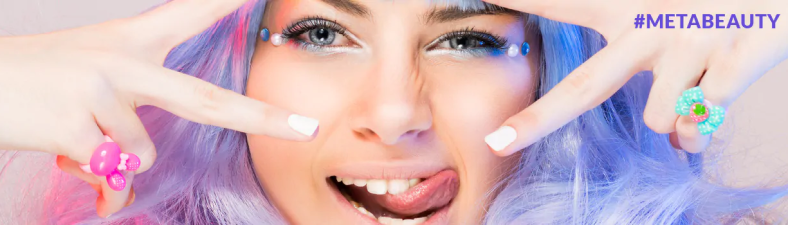 Close up of womans face with bold colors illuminating