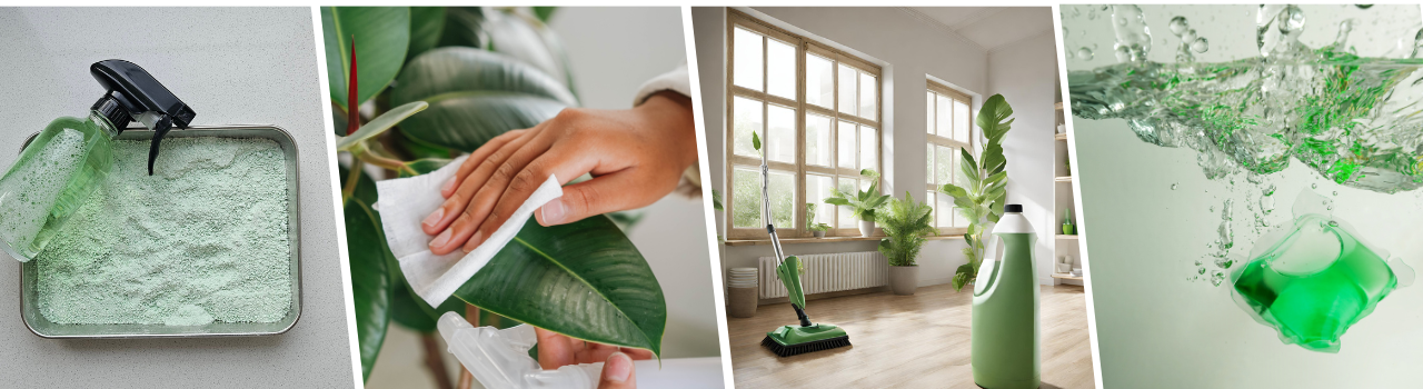 variety of photos displaying green cleaning floor solution, green laundry pods and green plants