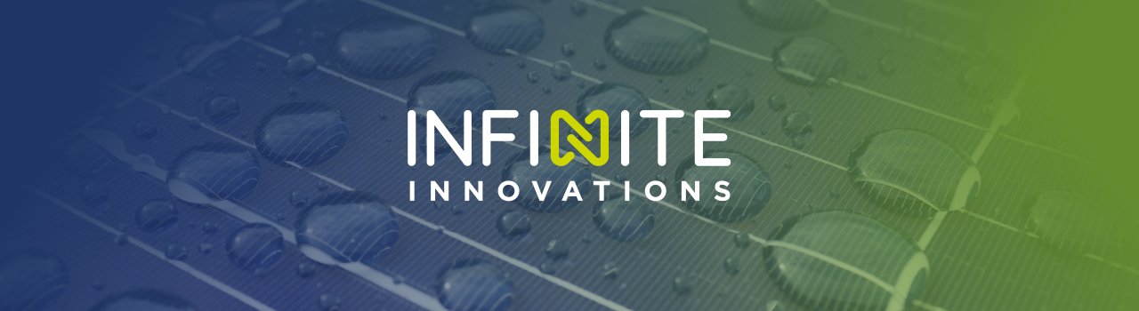 "Infinite Innovations" text centered on solar panels with water droplets and a blue to green gradient overlay. 