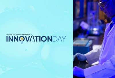 A scientist in a laboratory working on formula innovations next to the text 'Univar Solutions presents Innovation Day"