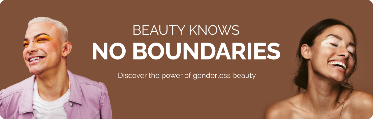 A man and woman both wear eye shadow while they smile, with the text "Beauty knows no boundaries. Discover the power of genderless beauty."