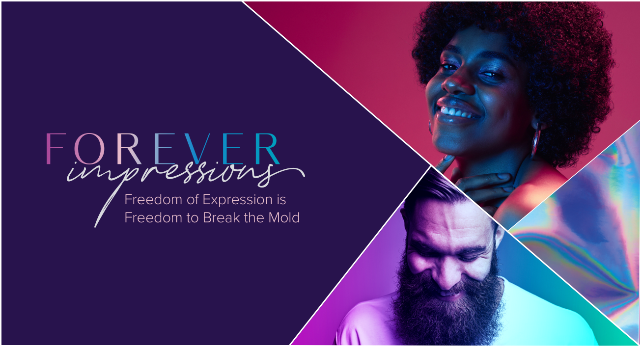 Forever Impressions banner featuring images of man and woman on vibrant background