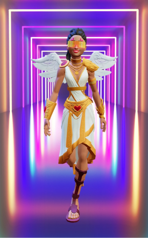 Avatar of woman in the metaverse wearing wings and walking down a virtual runway